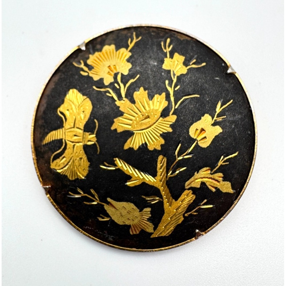 Vintage Damascene Brooch Round Butterfly Flower Insect Gold Inlay Pin Japanese